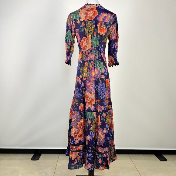 $598 NWT Johnny Was Jade Silk Blend DAPHNE TEA Tiered Ruffles Midi DRESS Size XS - Picture 8 of 16